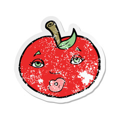 retro distressed sticker of a cartoon apple with face