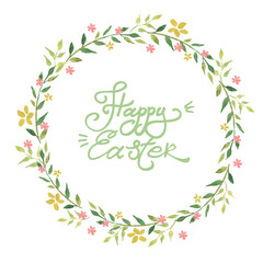 Happy Easter greeting card. Watercolor wreath with spring flowers and lettering. Hand drawn floral watercolor background.