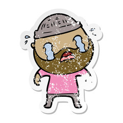 distressed sticker of a cartoon bearded man crying