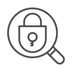 Magnifying glass with closed padlock. Outline icon on white background