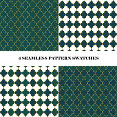 Vector set of 4 moroccan quatrefoil seamless repeat pattern swatches in golden and green colors. Textile/ fabric/ wallpaper design.