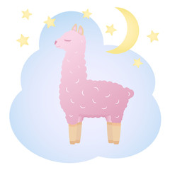 Hand drawn vector illustration of a cute pink fluffy llama with stars and crescent moon. 
