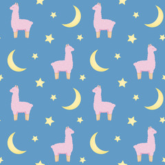 Obraz na płótnie Canvas Seamless repeat pattern with cute pink fluffy lamas on blue background with stars and crescent moon. Textile design for children.