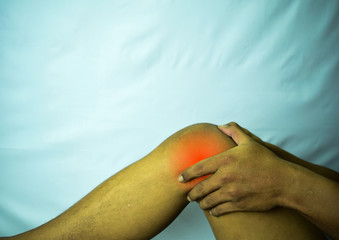 suffering from joint pain with red spot. Hands on leg as hurt from Arthritis. Osteoarthritis knee...