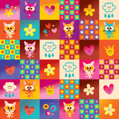 cute kittens hearts and flowers pattern