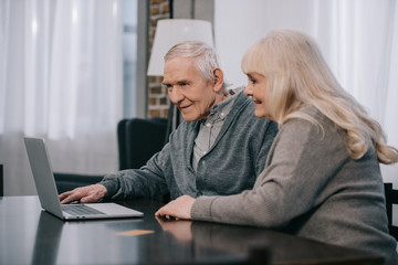 happy senior couple sitting at table and using laptop at home