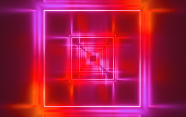 Abstract fluorescent background, optical illusion, night club interior. 3D illustration. 