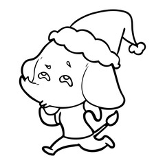 line drawing of a elephant remembering wearing santa hat