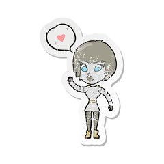 retro distressed sticker of a cartoon robot woman