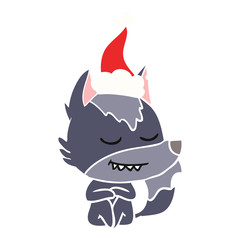 friendly flat color illustration of a wolf sitting wearing santa hat