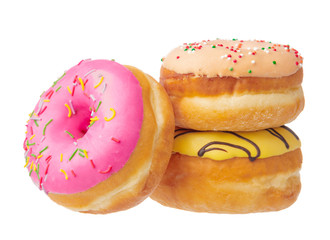 Delicious colorful donuts isolated on white background