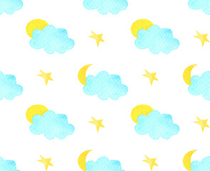 Seamless pattern yellow sun and moon behind a blue cloud and a yellow star for textiles, backgrounds, wallpapers.