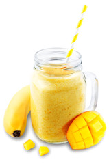 Mango banana smoothie on a white background