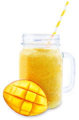 Mango banana smoothie on a white background