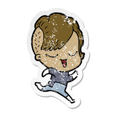 distressed sticker of a happy cartoon girl in futuristic clothes