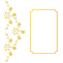 Arrangement of herbs and flowers. Rectangular art frame for text. Hand drawing in golden gradient colors. For packaging, paper, design, stickers.