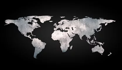 Foto auf Acrylglas Weltkarte 3D-Weltkarte Metall auf schwarzem Hintergrund