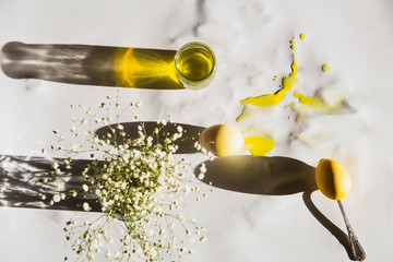 Overhead view of Easter eggs with shadows on white background