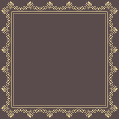 Classic vector square frame with golden arabesques and orient elements. Abstract ornament with place for text. Vintage pattern