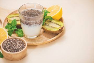 Healthy breakfast with chia pudding in glass