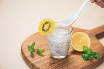 Healthy breakfast with chia pudding in glass