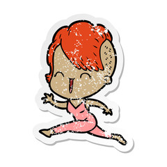 distressed sticker of a cartoon happy hipster girl