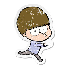 distressed sticker of a nervous cartoon boy