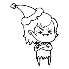 annoyed line drawing of a vampire girl wearing santa hat
