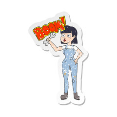 retro distressed sticker of a cartoon mechanic woman