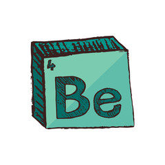 Vector three-dimensional hand drawn chemical green symbol of beryllium with an abbreviation Be from the periodic table of the elements isolated on a white background.