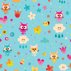 cute kittens clouds hearts and flowers seamless pattern