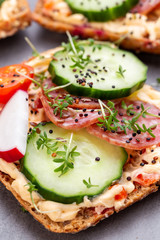 Sandwiches with cream cheese, vegetables and salami.