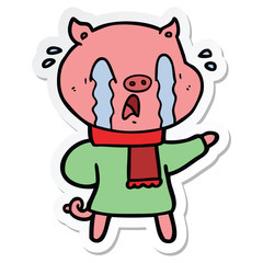 sticker of a crying pig cartoon wearing human clothes