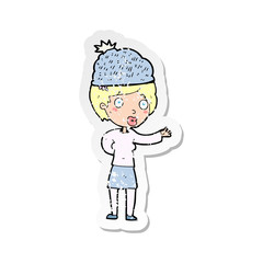 retro distressed sticker of a cartoon woman wearing winter hat