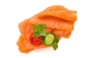 Fresh salmon slice and spice on the white background.