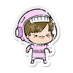 distressed sticker of a cartoon astronaut woman