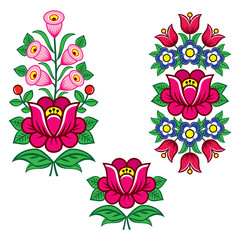 Folk art Polish vector designs with flowers for weddding invitation, greeting card, Zalipie patterns with flowers