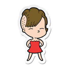 sticker of a cartoon squinting girl in dress
