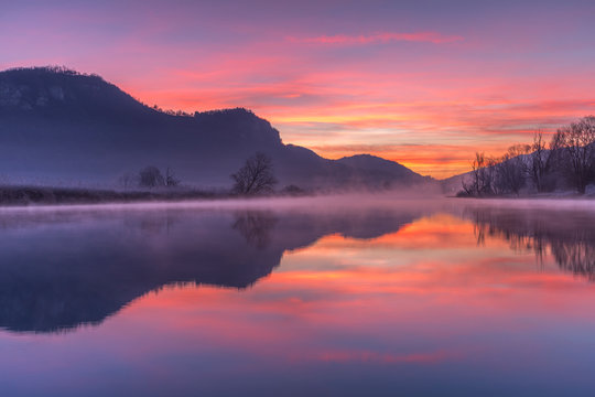 Sunrise on Adda river, Airuno, Brianza, Lecco province, Lombardy, Italy, Europe