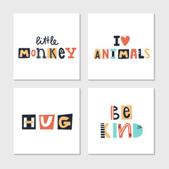 Collection of children lettering cards with cute phrases and words. Perfect for nursery posters. Vector illustration.
