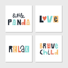 Collection of children lettering cards with cute phrases and words. Perfect for nursery posters. Vector illustration.
