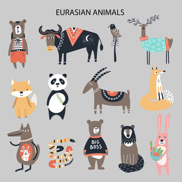 Set of diferent cartoon Eurasian animals. Cute handdrawn kids clip art collection. Vector illustration