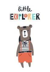 Little explorer - Cute kids hand drawn nursery poster with bear animal and lettering.