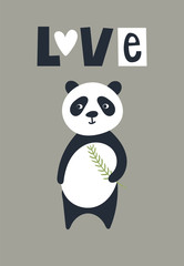 Love - Cute kids hand drawn nursery poster with panda bear animal and lettering.