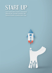 Vector illustration with start up concept in paper cut, craft and origami style. Rocket on the sky.