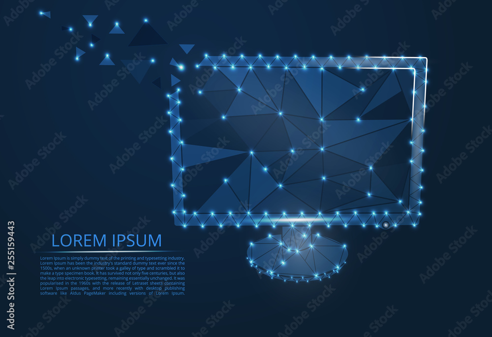 Poster computer monitor in the style of lines and figures consisting of polygons. internet. computer symbol