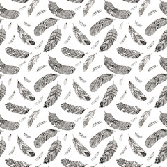 Seamless pattern with light feathers illustration on white.