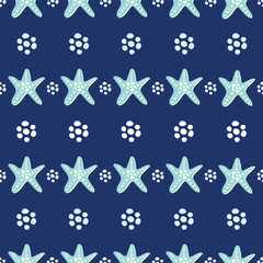 Coastal sea star seamless pattern; turquoise starfish on a navy blue background. Stylish design for beach wedding invitations, shore excursions, vacation holidays, textiles, resort fashion and paper.