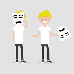 Obraz premium Young chacter in two variations holds sad mask.Hypocrisy,Flat cartoon design.Clip art