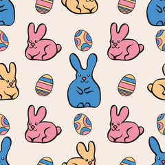 Obraz premium Seamless pattern with cute bunnies and Easter eggs. Easter background. Vector EPS10